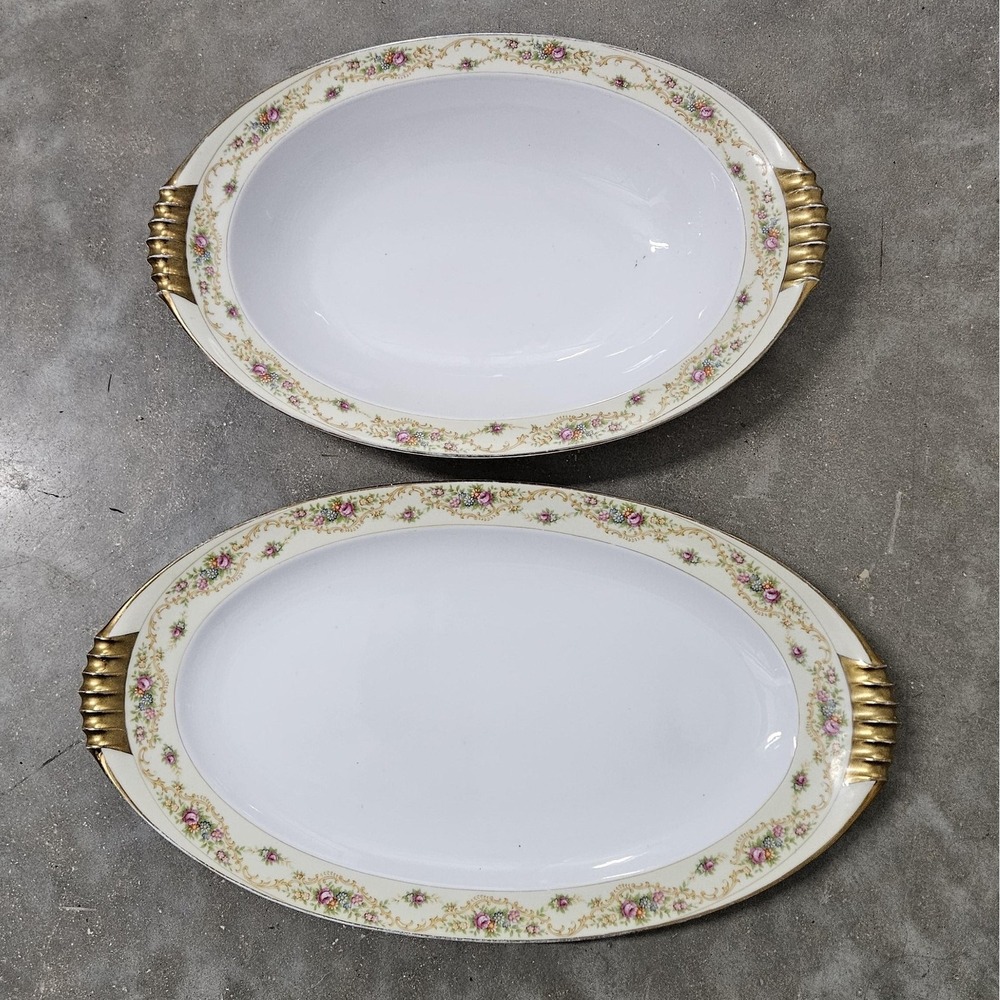Meito China Oval Serving Bowls Set Of 2 Porcelain Floral 22kt Gold Handles Japan